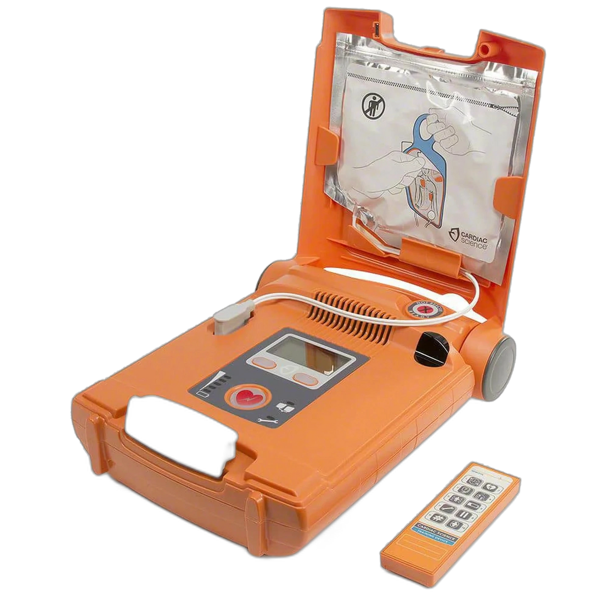 Cardiac Science Powerheart G5 Trainer with the lid open, showing the sealed training pad cartridge