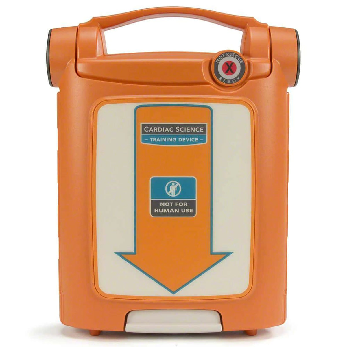 Cardiac Science Powerheart G5 Trainer orange case, front view with Not For Human Use label
