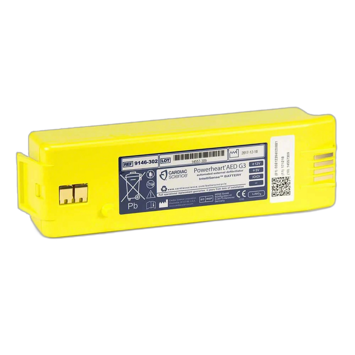 Cardiac Science Powerheart AED G3 IntelliSense yellow battery pack, angled view showing the label with REF 9146-302 and gold contact terminals
