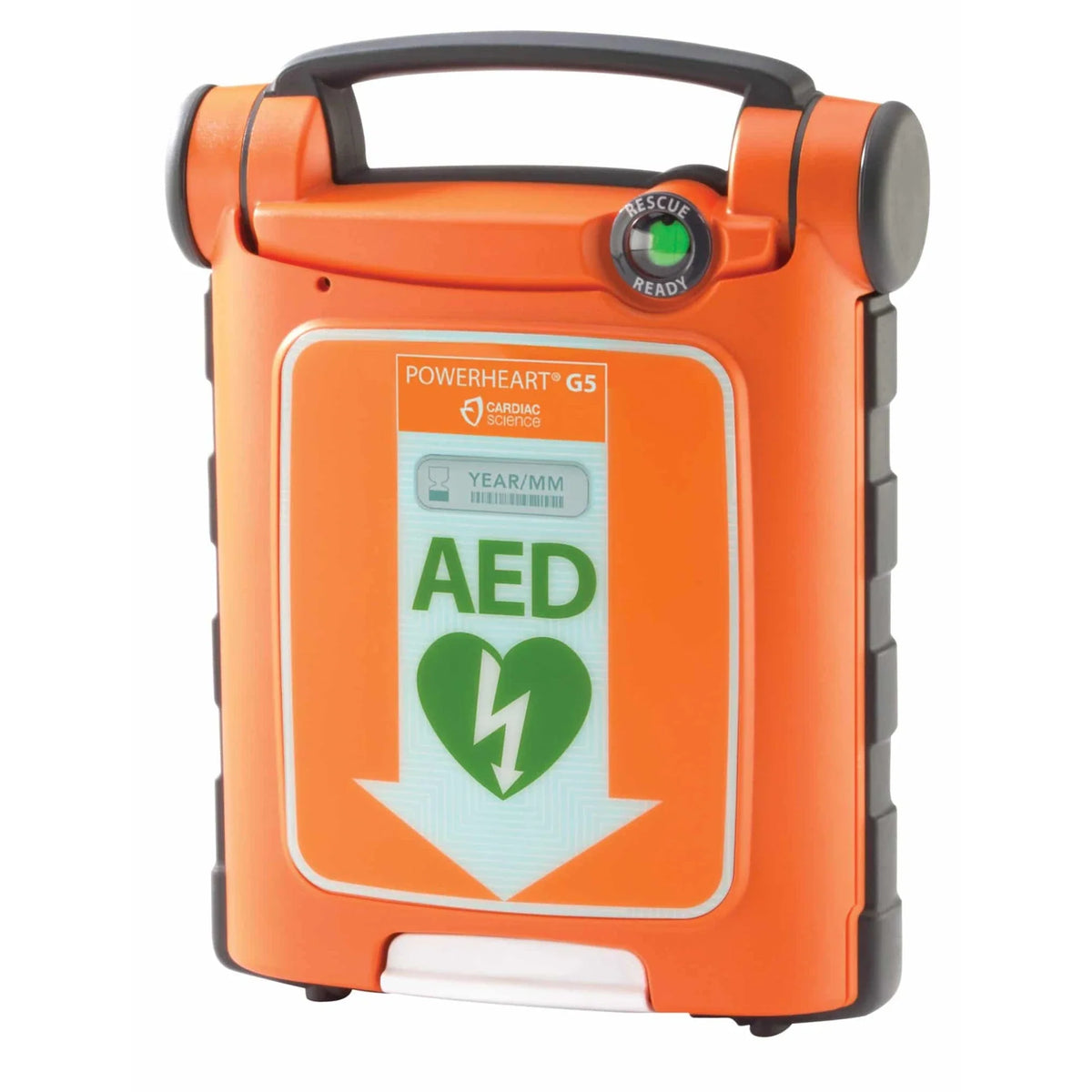 Cardiac Science Powerheart G5 AED angled 3/4 view showing the Rescue Ready indicator on the handle