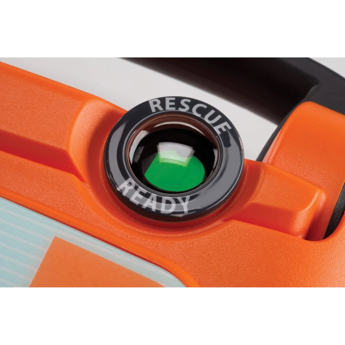 Cardiac Science Powerheart G5 AED close-up of the green Rescue Ready status indicator lens