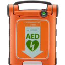 Cardiac Science Powerheart G5 AED front view in its orange rugged case with Rescue Ready indicator