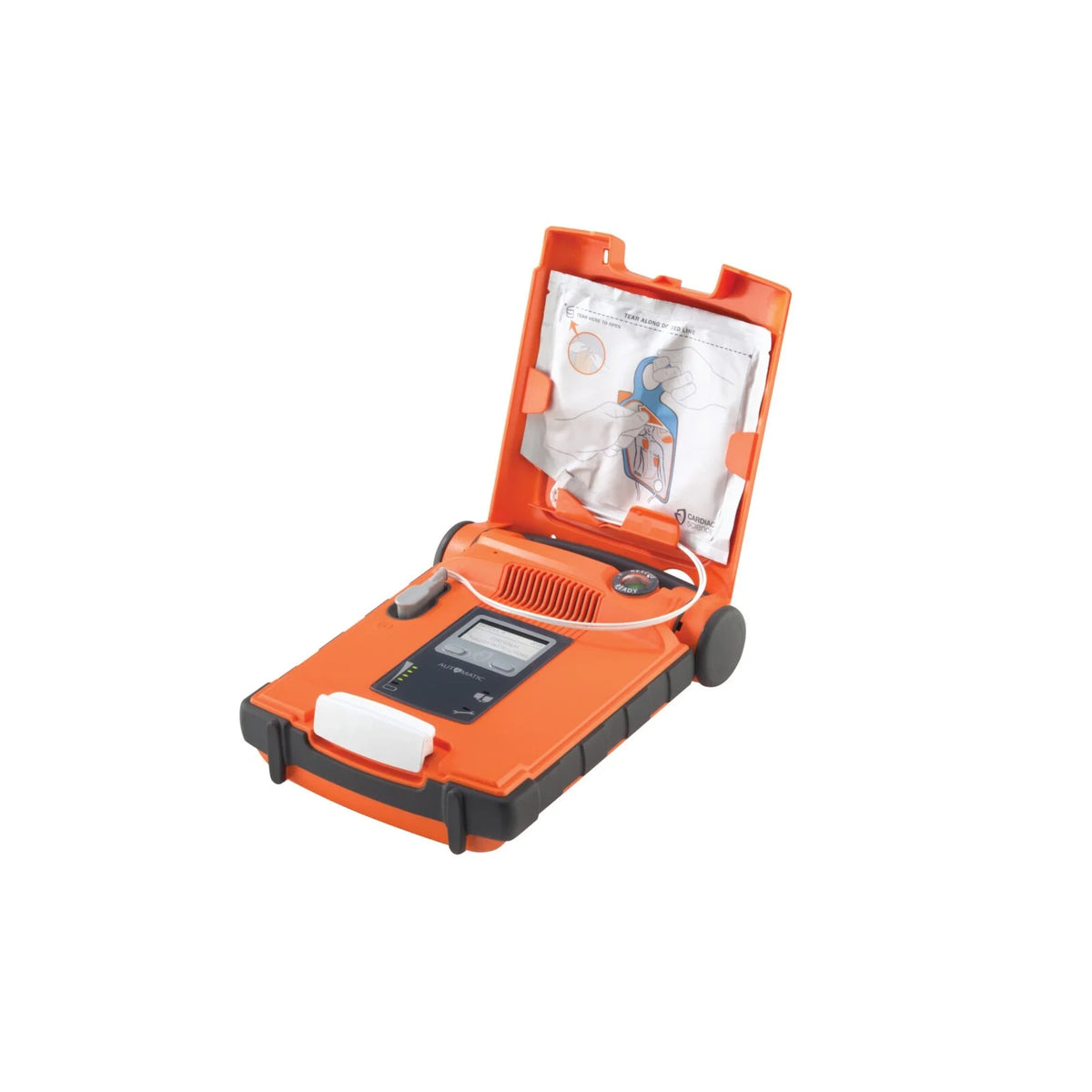 Cardiac Science Powerheart G5 AED fully automatic model with the lid open, showing the sealed pad cartridge