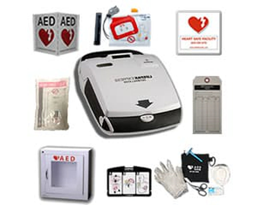 HeartSine samaritan PAD AED bundle package with cabinet, signage, pads, and gloves