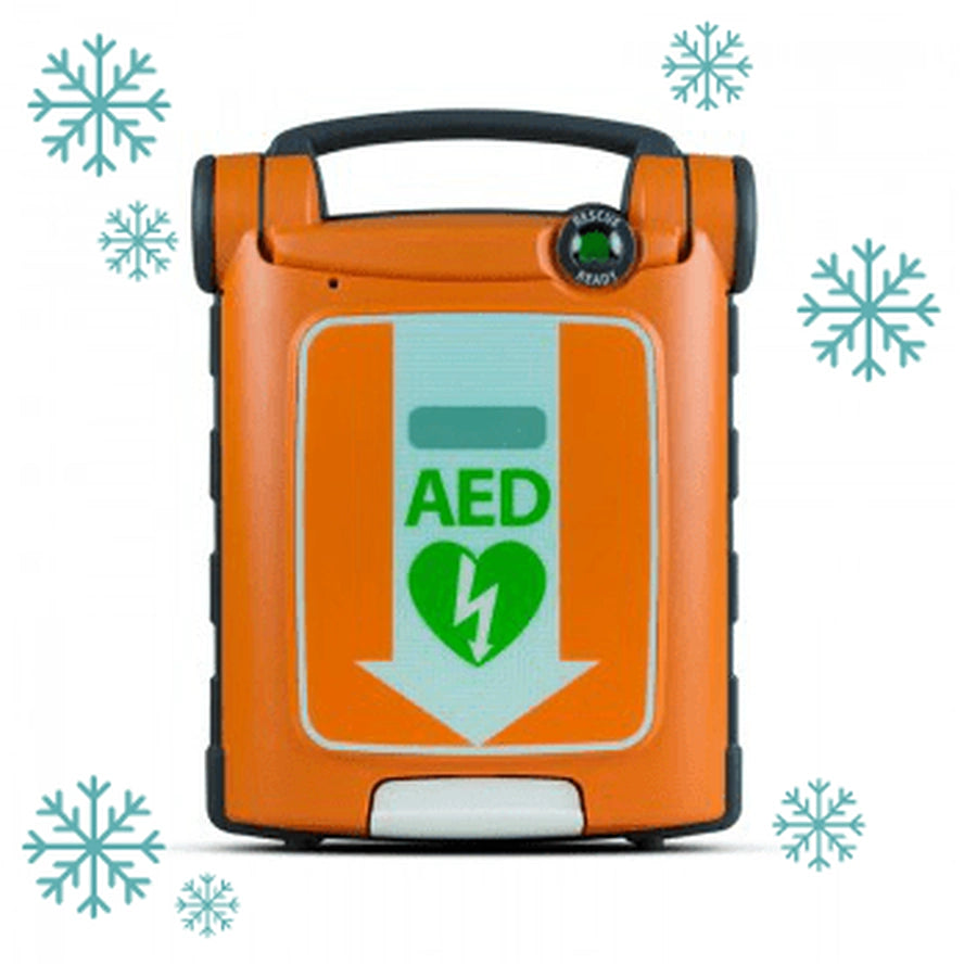 Orange Cardiac Science Powerheart G5 AED device surrounded by snowflake icons