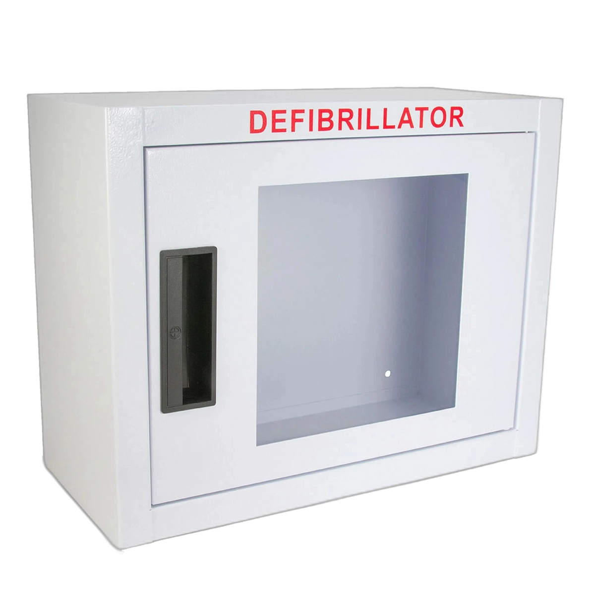 Compact AED wall cabinet, surface mount, white steel with clear window, black handle, and red DEFIBRILLATOR lettering