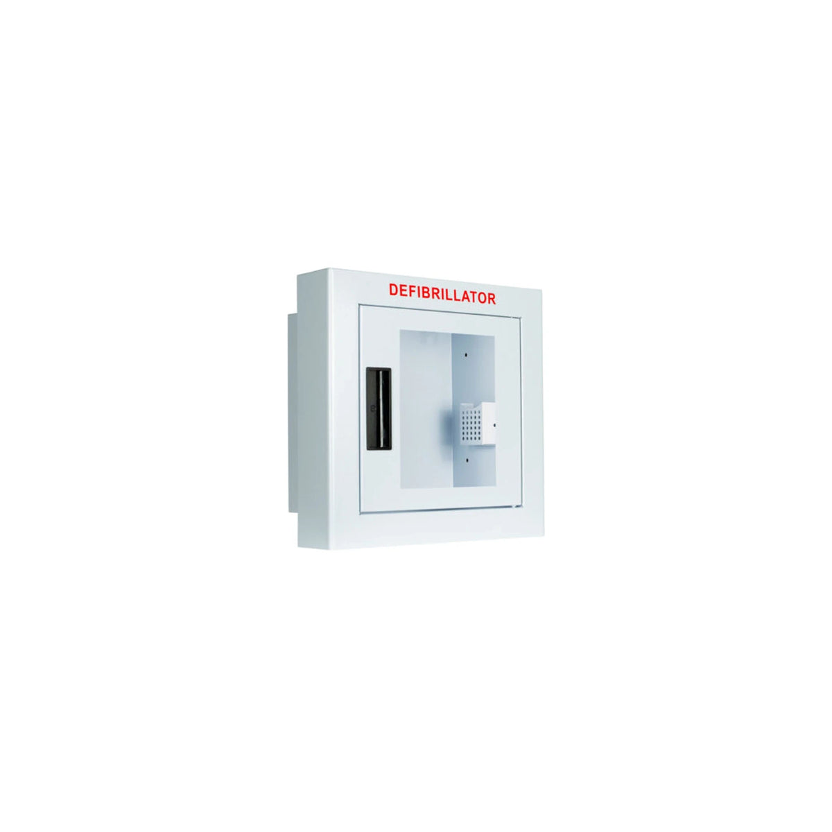 Compact AED wall cabinet, semi-recessed, closed white cabinet with flange and clear window, angled view