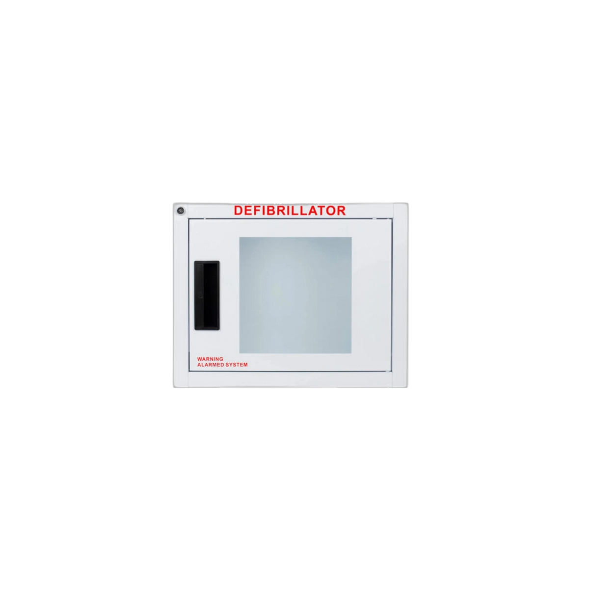 Compact AED wall cabinet with alarm, surface mount, white steel with clear window and WARNING ALARMED SYSTEM lettering, front view