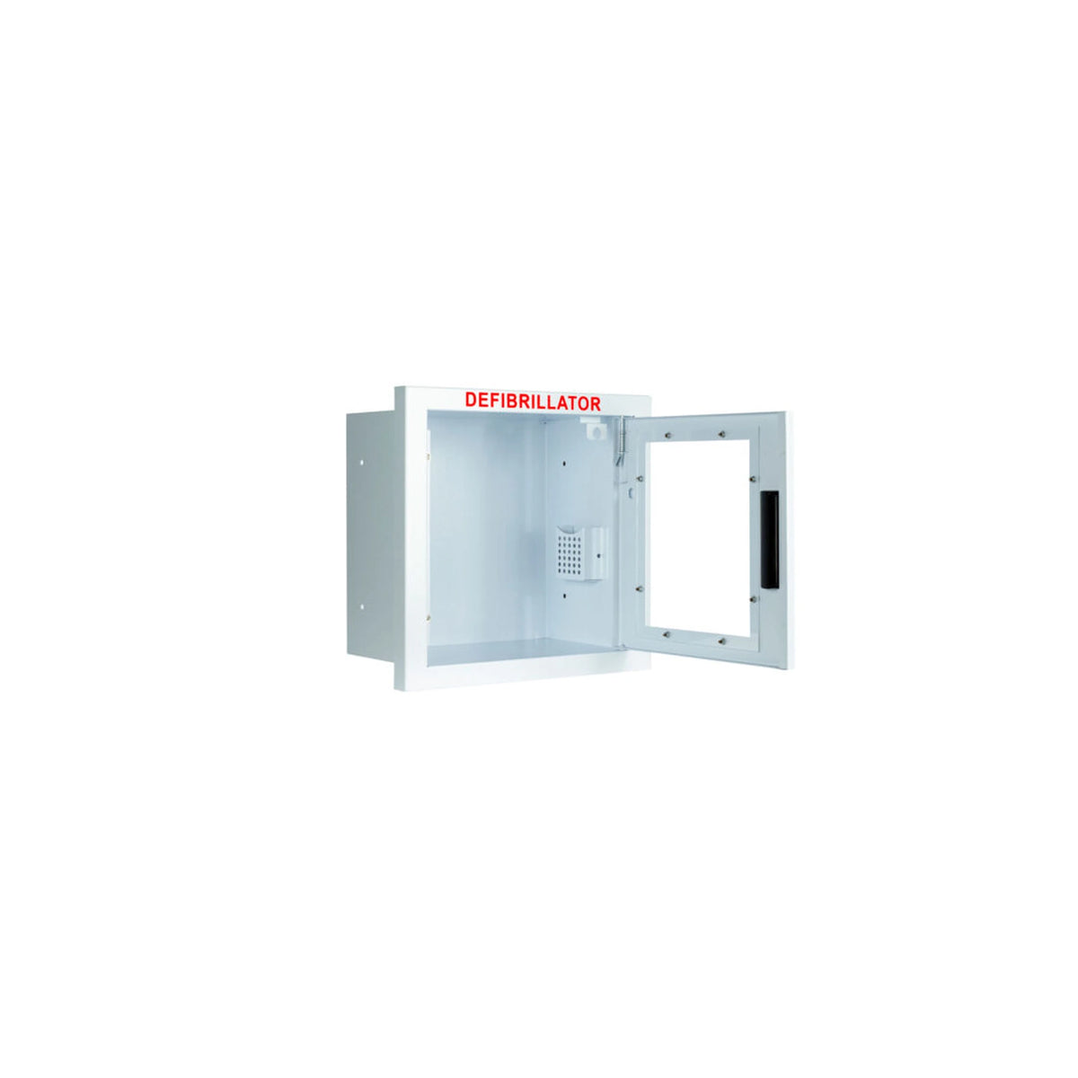 Compact AED wall cabinet with alarm, recessed, door open showing the white interior and trim flange