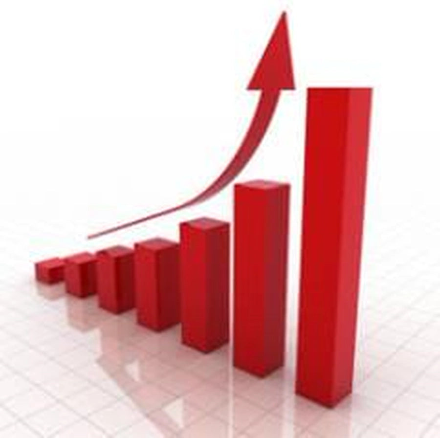 Red 3D bar chart with an upward growth arrow