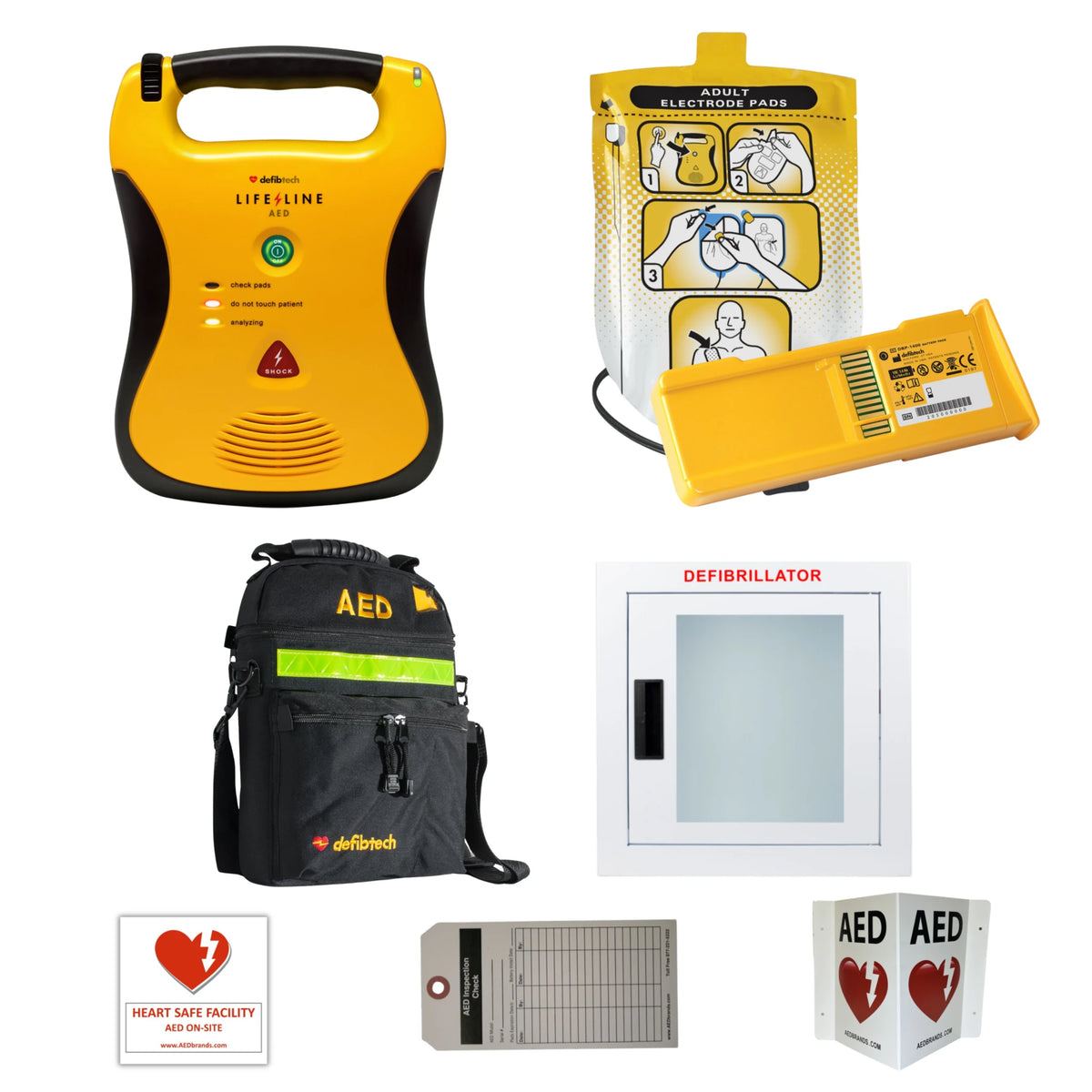 Defibtech Lifeline AED value package contents grid: Lifeline defibrillator, adult electrode pads with DBP-1400 battery, carrying case, wall cabinet, Heart Safe Facility decal, inspection tag, and AED wall sign