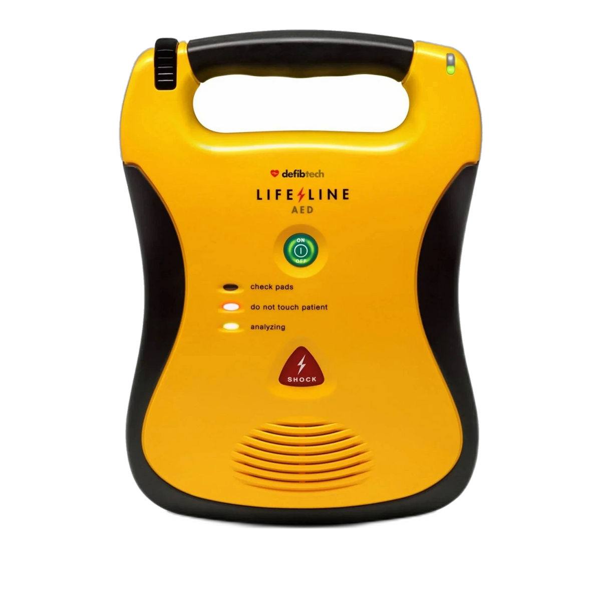 Defibtech Lifeline AED front view showing the check pads, do not touch patient and analyzing status lights