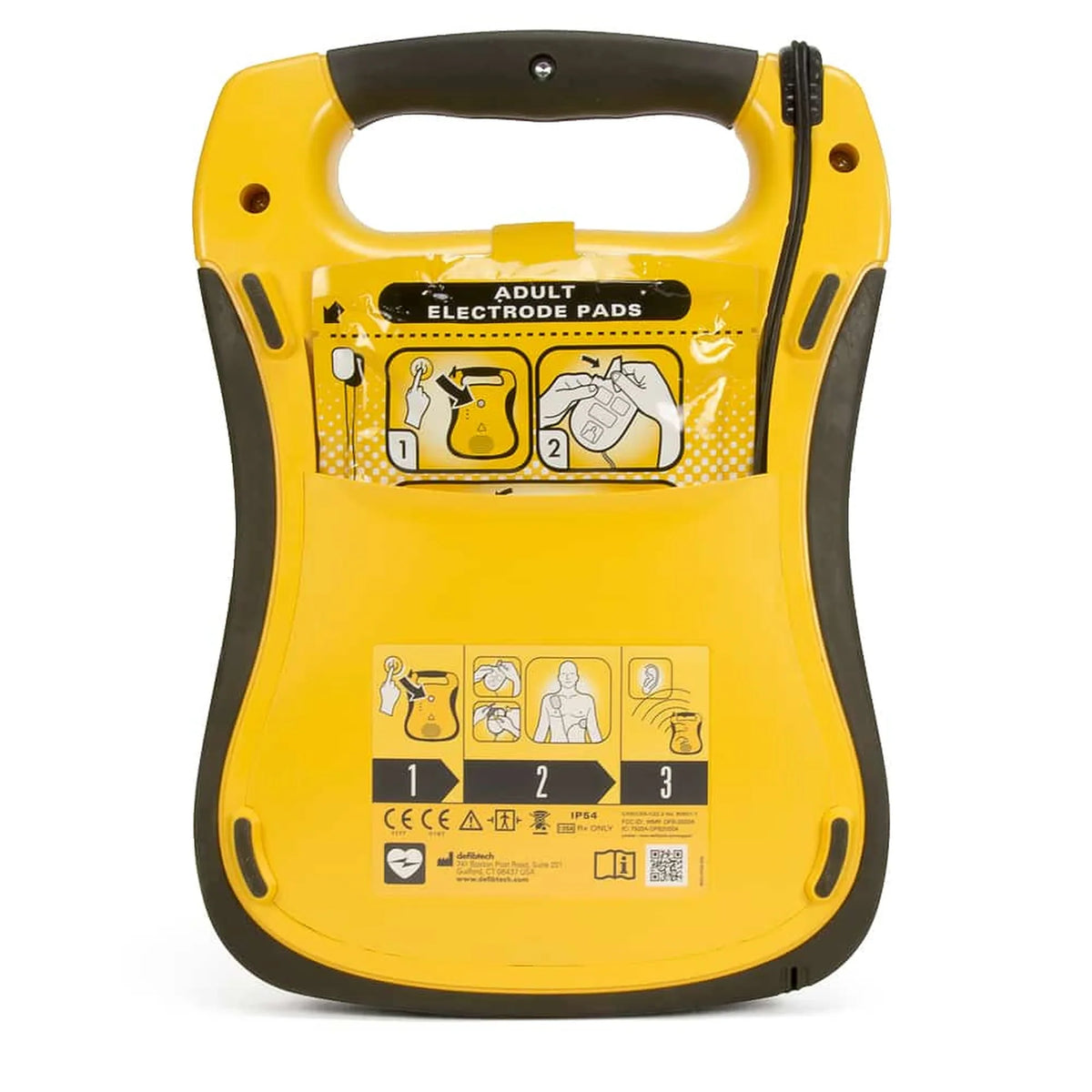 Defibtech Lifeline AED rear view showing the adult electrode pad compartment and instruction labels
