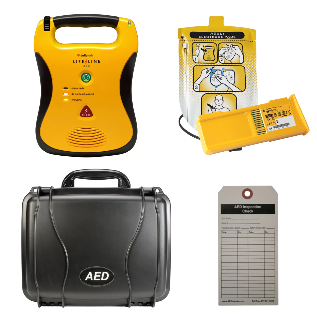 Defibtech Lifeline AED value package contents grid: Lifeline defibrillator, adult electrode pads with DBP-1400 battery, hard carrying case, and AED inspection tag