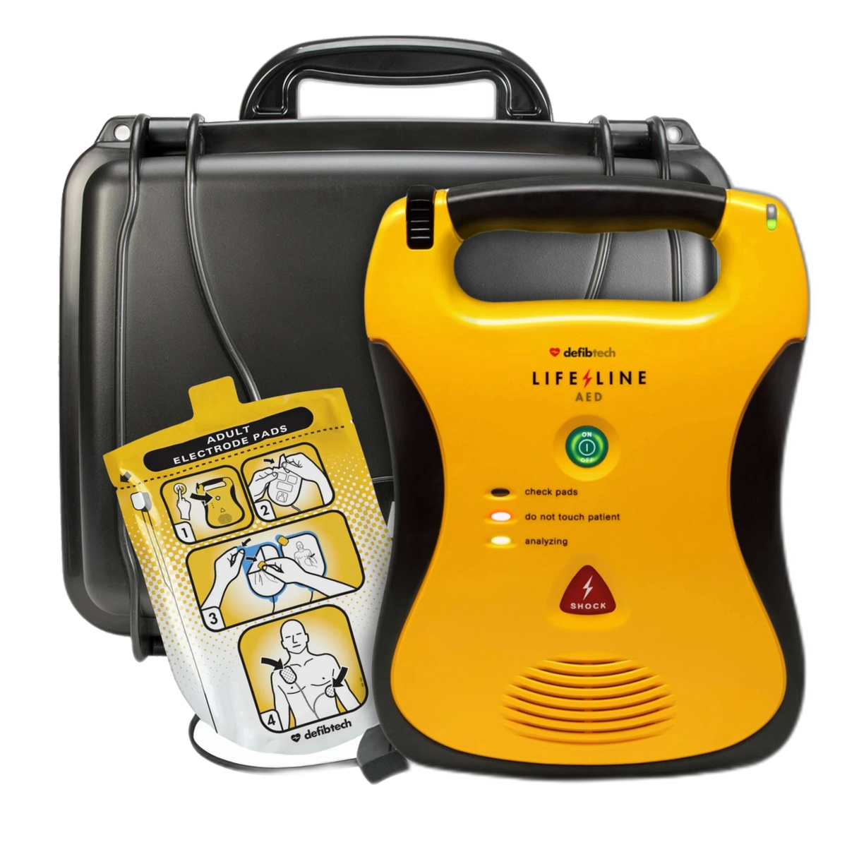 Defibtech Lifeline AED value package, yellow Lifeline defibrillator with hard carrying case and adult electrode pads