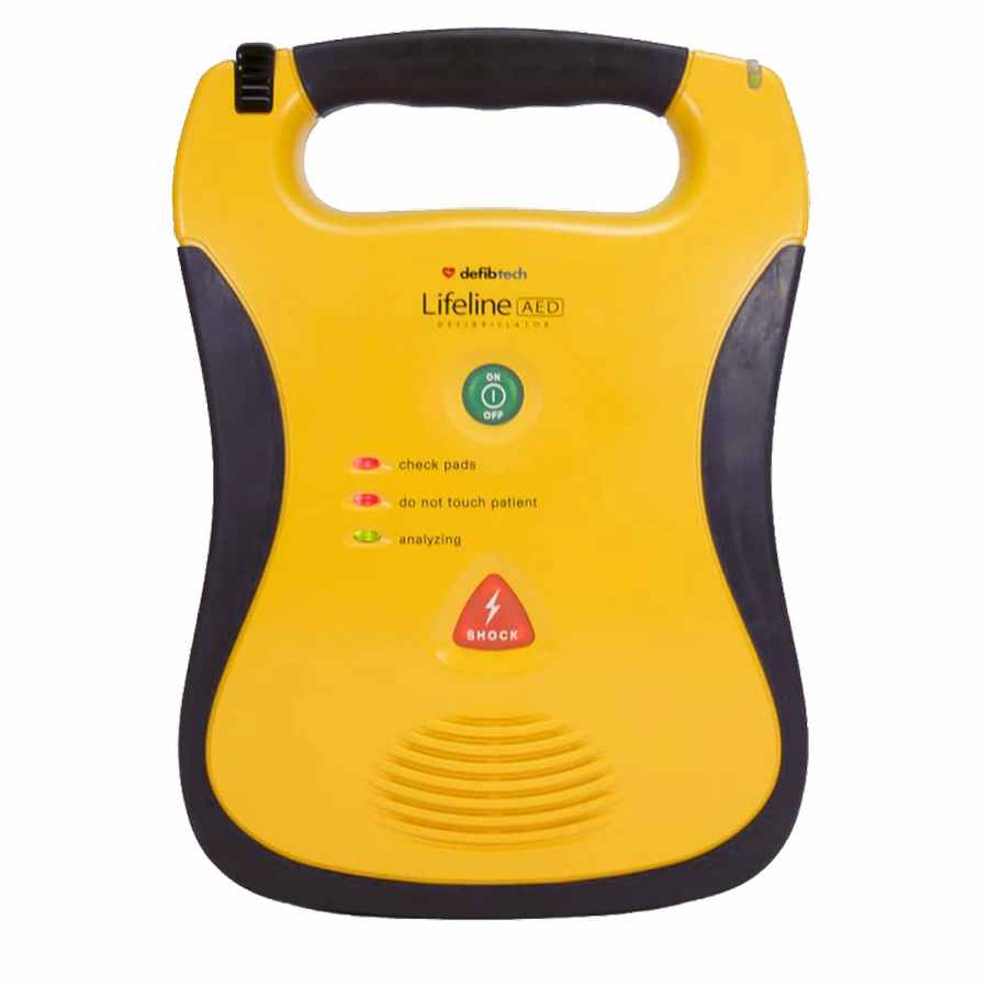 Defibtech Lifeline AED, front view showing power button and shock indicator