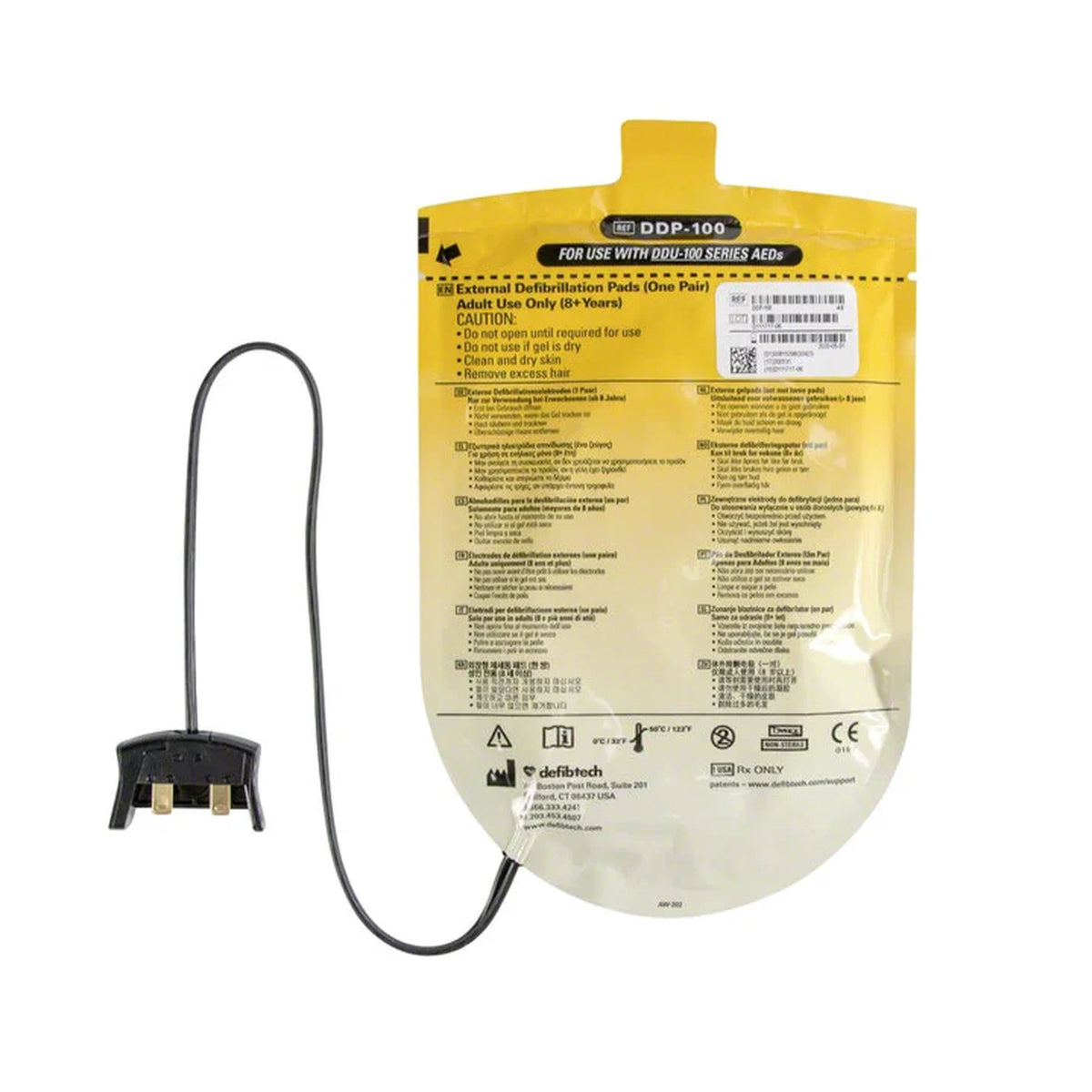 Defibtech Lifeline adult defibrillation pads package back label, yellow pouch marked REF DDP-100 "For Use With DDU-100 Series AEDs" with the black connector and wire shown beside it