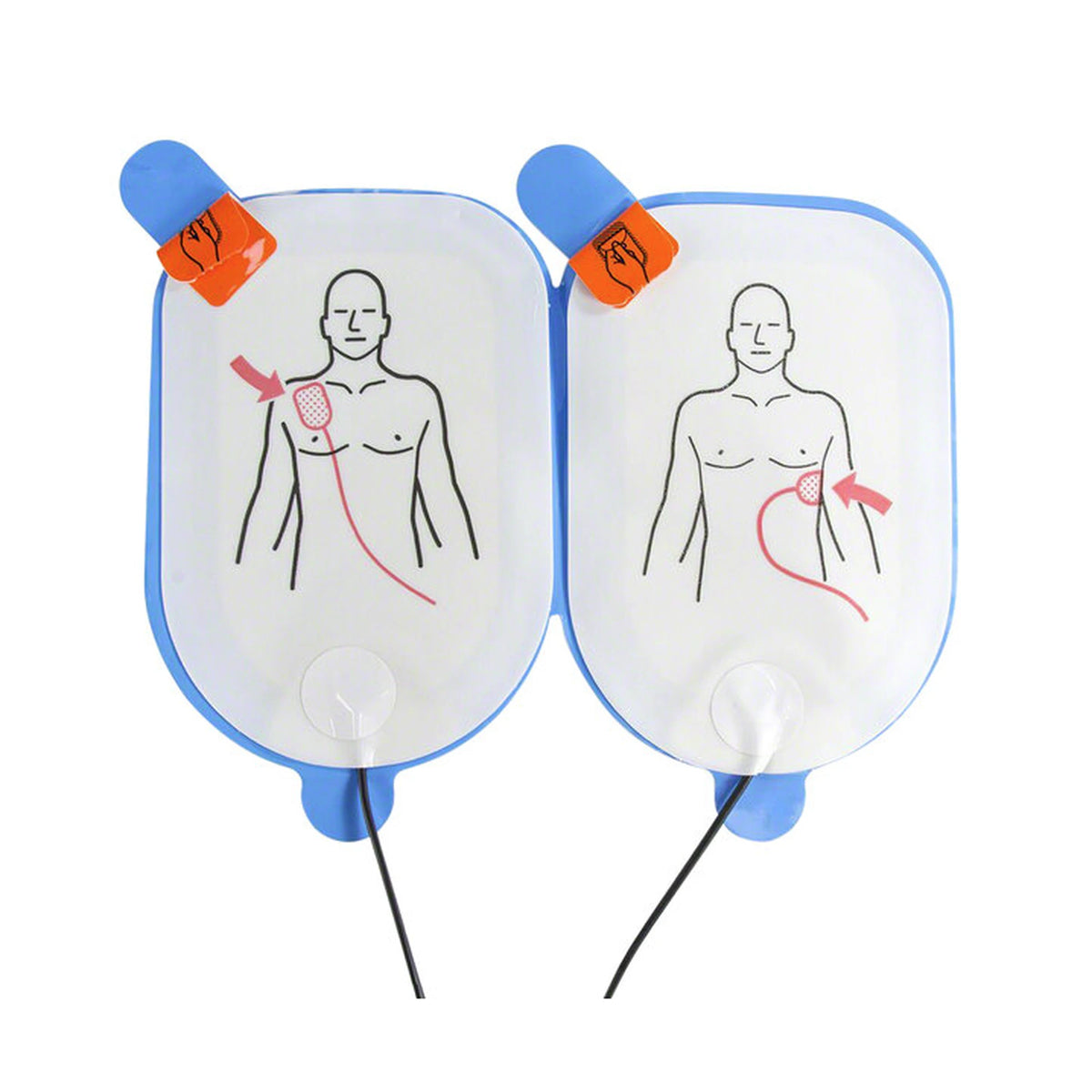 Defibtech Lifeline electrode pads removed from packaging, two blue-bordered adult pads showing chest and side placement diagrams with red arrows, connected by black wires