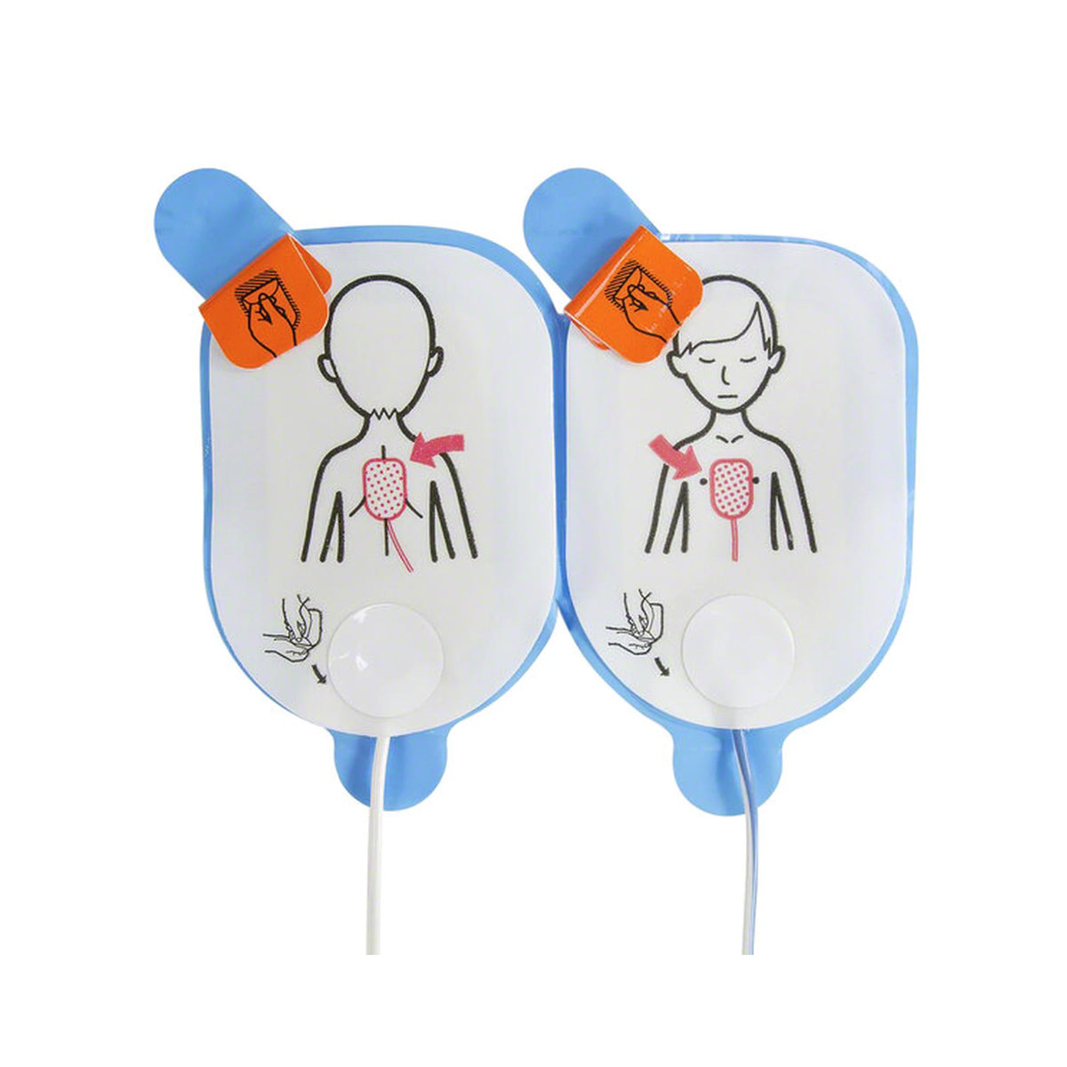Defibtech Lifeline Child/Infant electrode pads removed from packaging, two blue-bordered pediatric pads with front and back placement diagrams on child illustrations, connected by wires