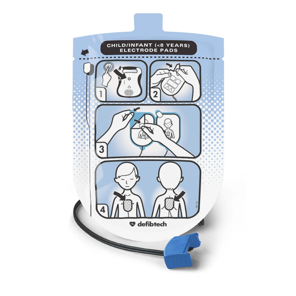 Defibtech Lifeline Child/Infant (under 8 years) electrode pads package, blue pouch with numbered application instructions 1 through 4 and the defibtech logo