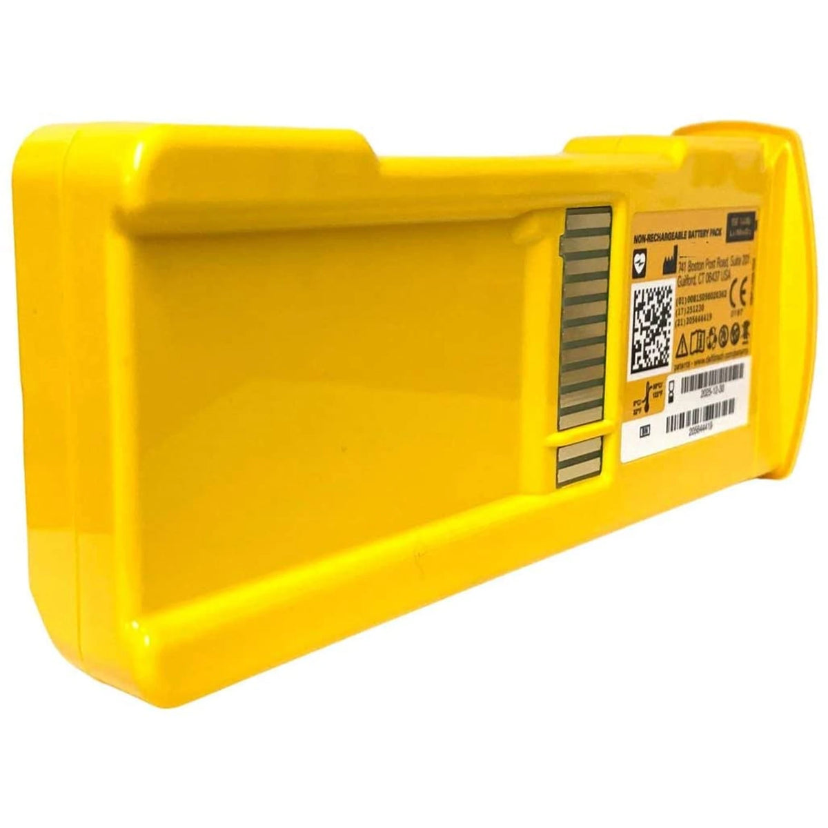 Defibtech Lifeline yellow rectangular non-rechargeable battery pack, angled view showing the label side with barcode and gold contact strip