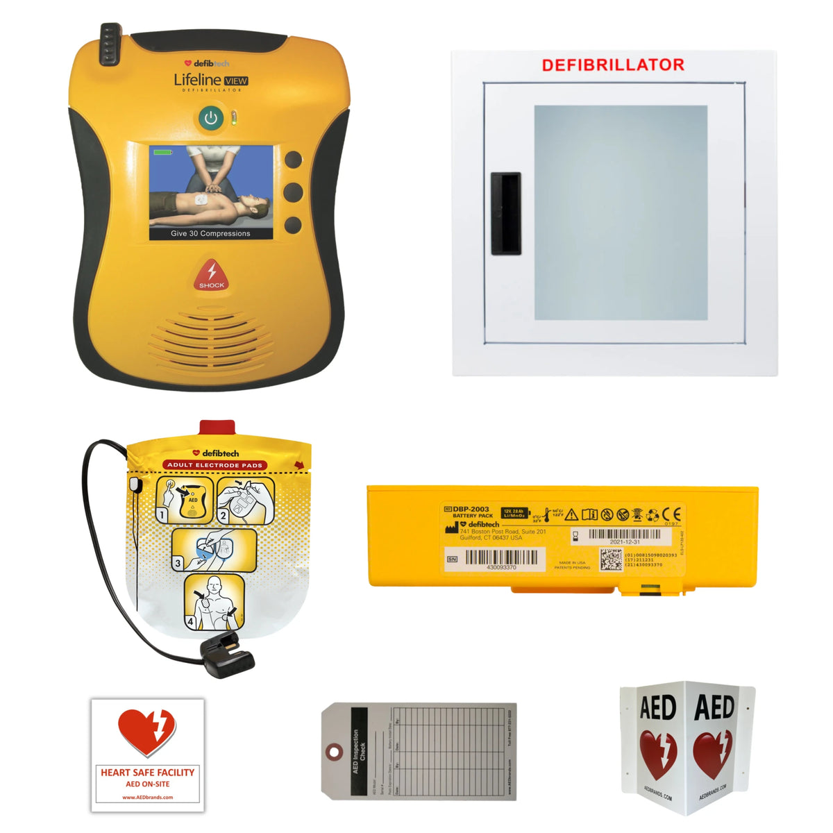 Defibtech Lifeline VIEW AED value package contents grid: View defibrillator with CPR instruction screen, wall cabinet, adult electrode pads, DBP-2003 battery pack, Heart Safe Facility decal, inspection tag, and AED wall sign