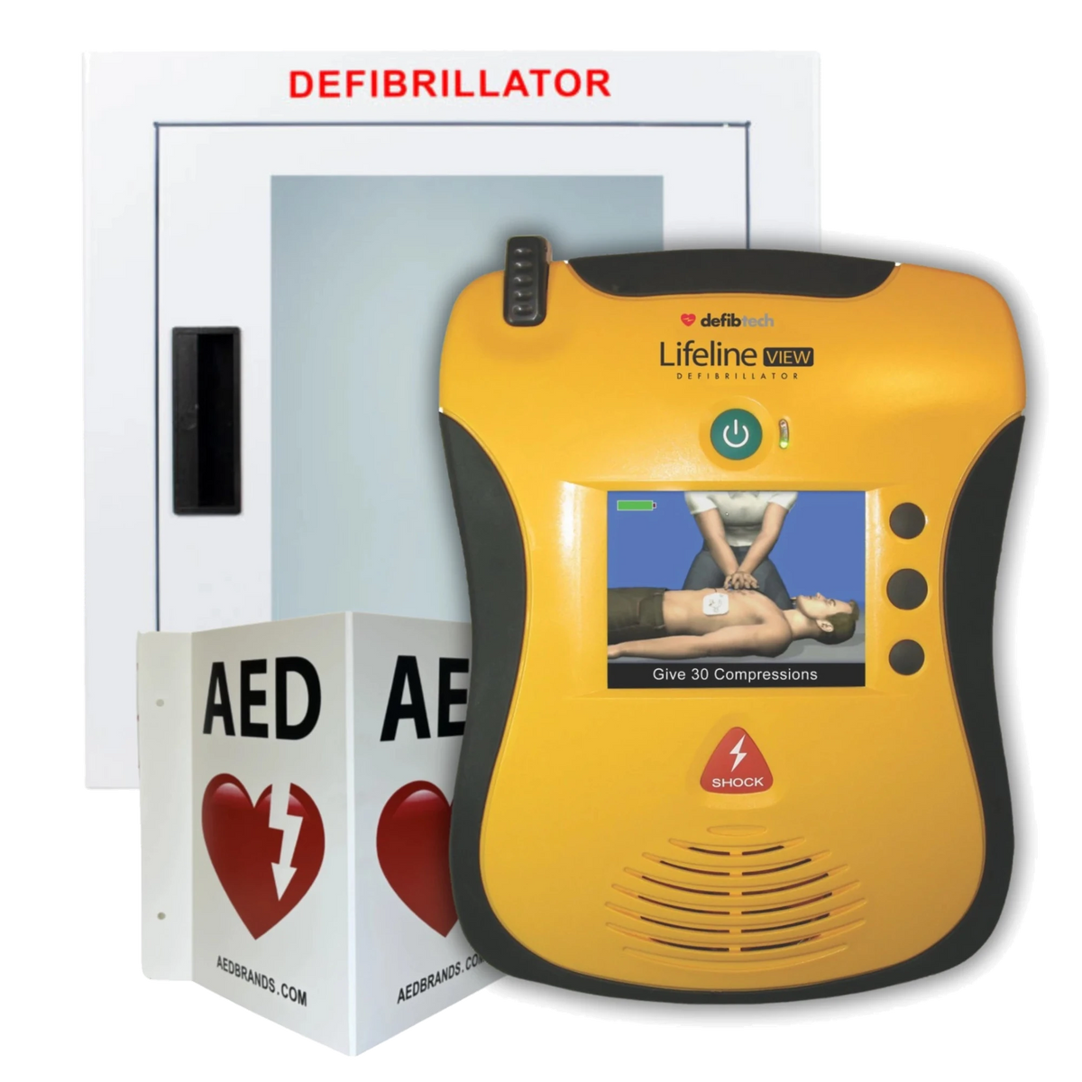Defibtech Lifeline VIEW AED value package, yellow View defibrillator with color screen showing CPR compression instructions, in front of a wall-mounted Defibrillator cabinet and AED wall sign