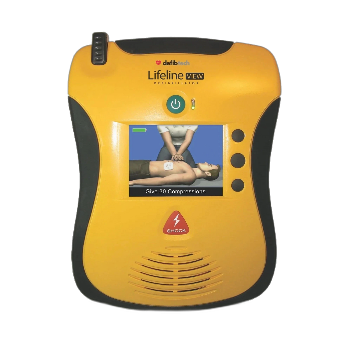Defibtech View AED front view with the full-color video screen showing an animated CPR compression demonstration