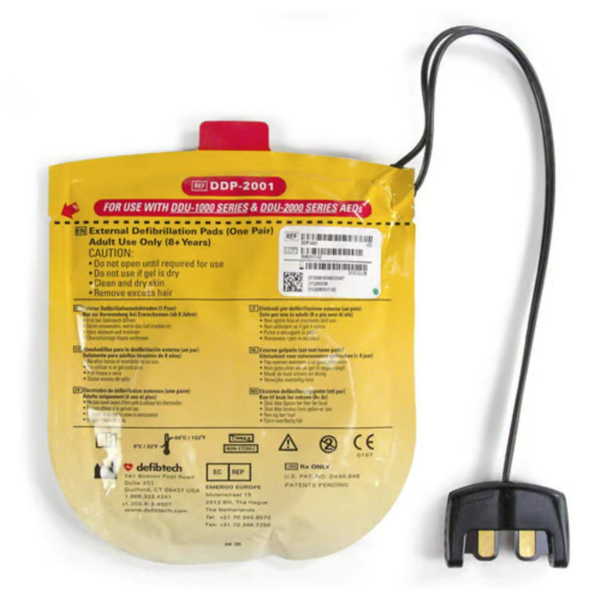 Defibtech Lifeline VIEW adult defibrillation pads package back label, pouch marked REF DDP-2001 "For Use With DDU-1000 Series & DDU-2000 Series AEDs" with the black two-prong connector and wire shown beside it