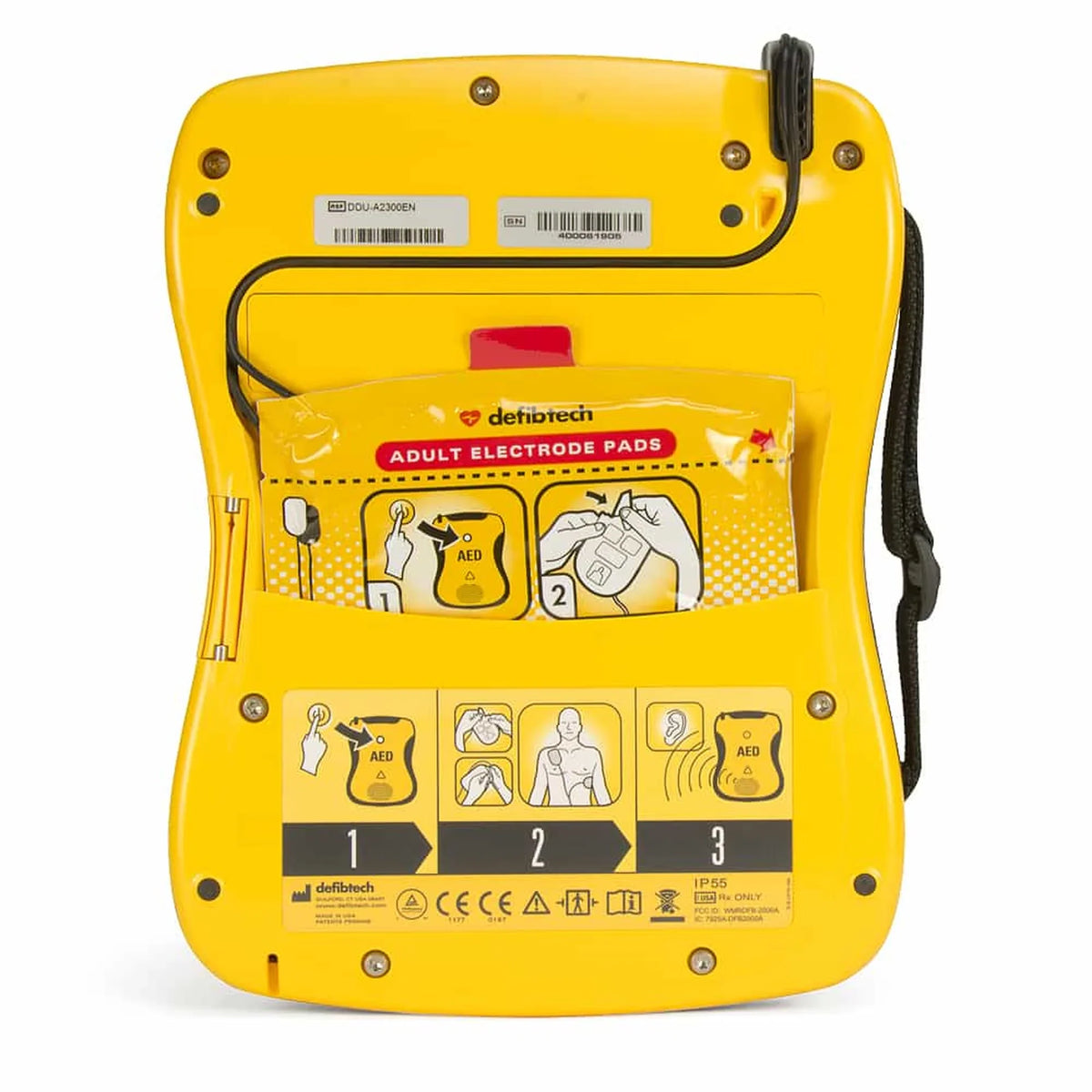 Defibtech View AED rear view with the adult electrode pad pack and carry strap