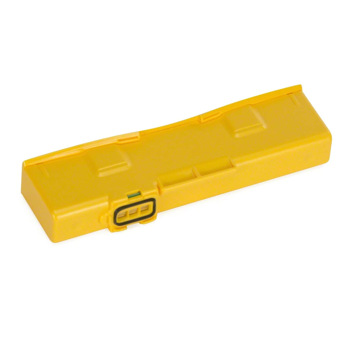 Defibtech Lifeline VIEW yellow rectangular battery pack, angled top view showing the plain molded case and a three-pin connector port