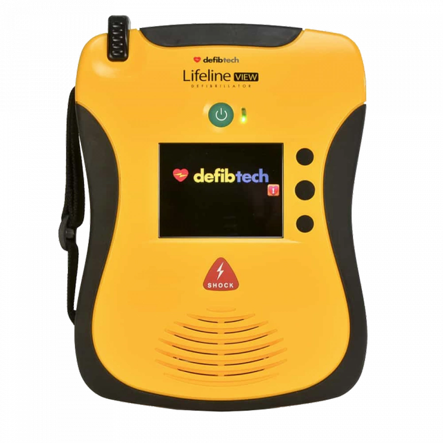 Defibtech Lifeline VIEW AED with defibtech branding on the screen