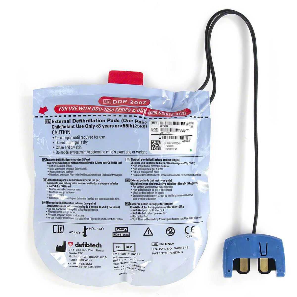 Defibtech Lifeline VIEW pediatric defibrillation pads package back label, pouch marked REF DDP-2002 "For Use With DDU-1000 Series & DDU-2000 Series AEDs" for child/infant use only, with the blue connector and wire shown beside it