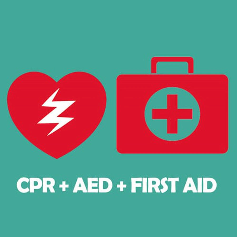 Teal icons of a heart with lightning bolt and first aid kit above CPR + AED + First Aid text