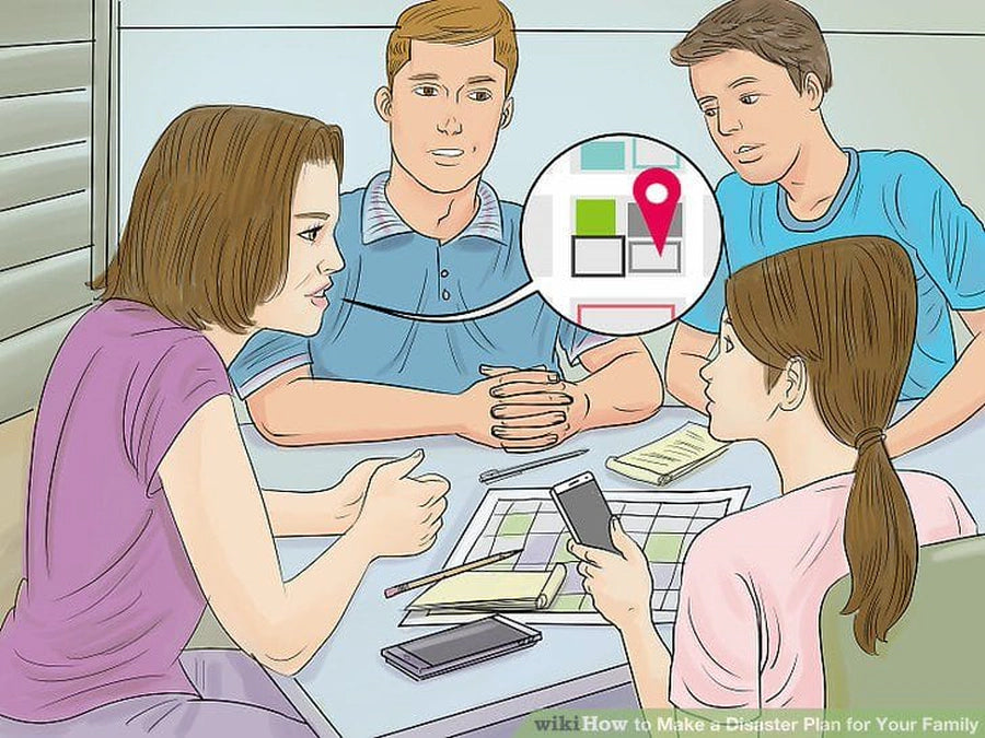 Illustration of a family planning an emergency evacuation route together at a table