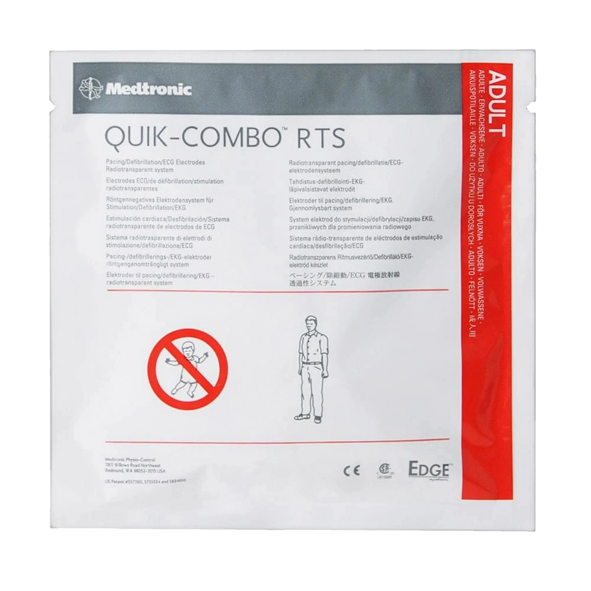 QUIK-COMBO RTS adult pacing, defibrillation, and ECG electrodes in sealed Medtronic package