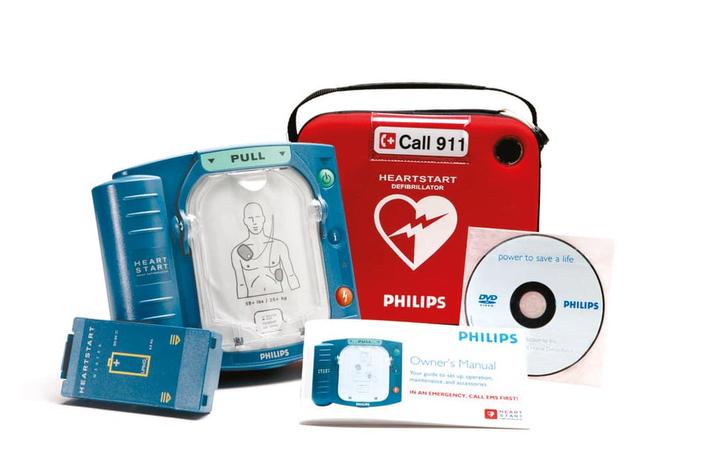 Philips HeartStart Home Defibrillator with carrying case, battery, DVD, and owner's manual