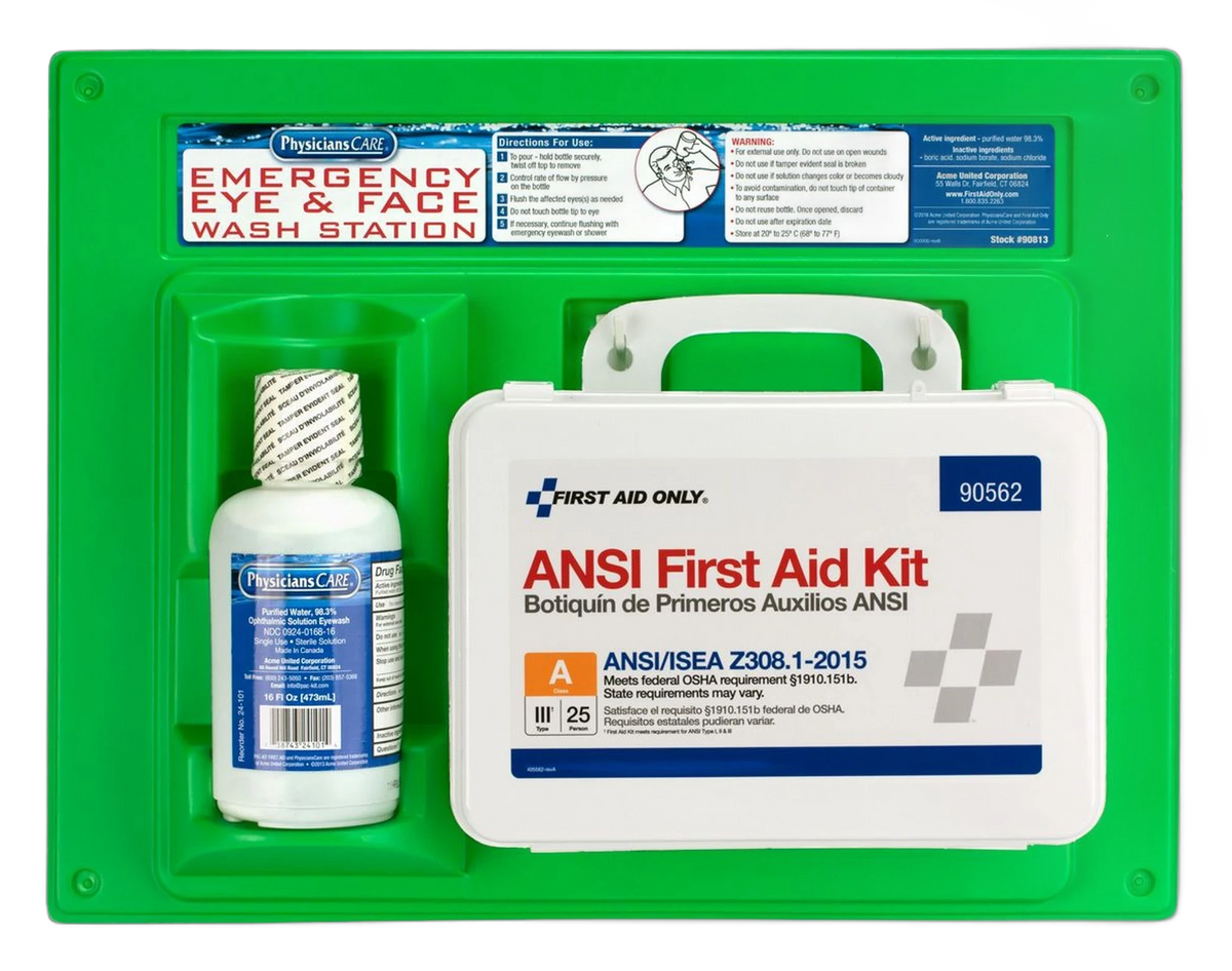 Green wall-mount eyewash station with a 16 oz eyewash bottle and First Aid Only ANSI first aid kit