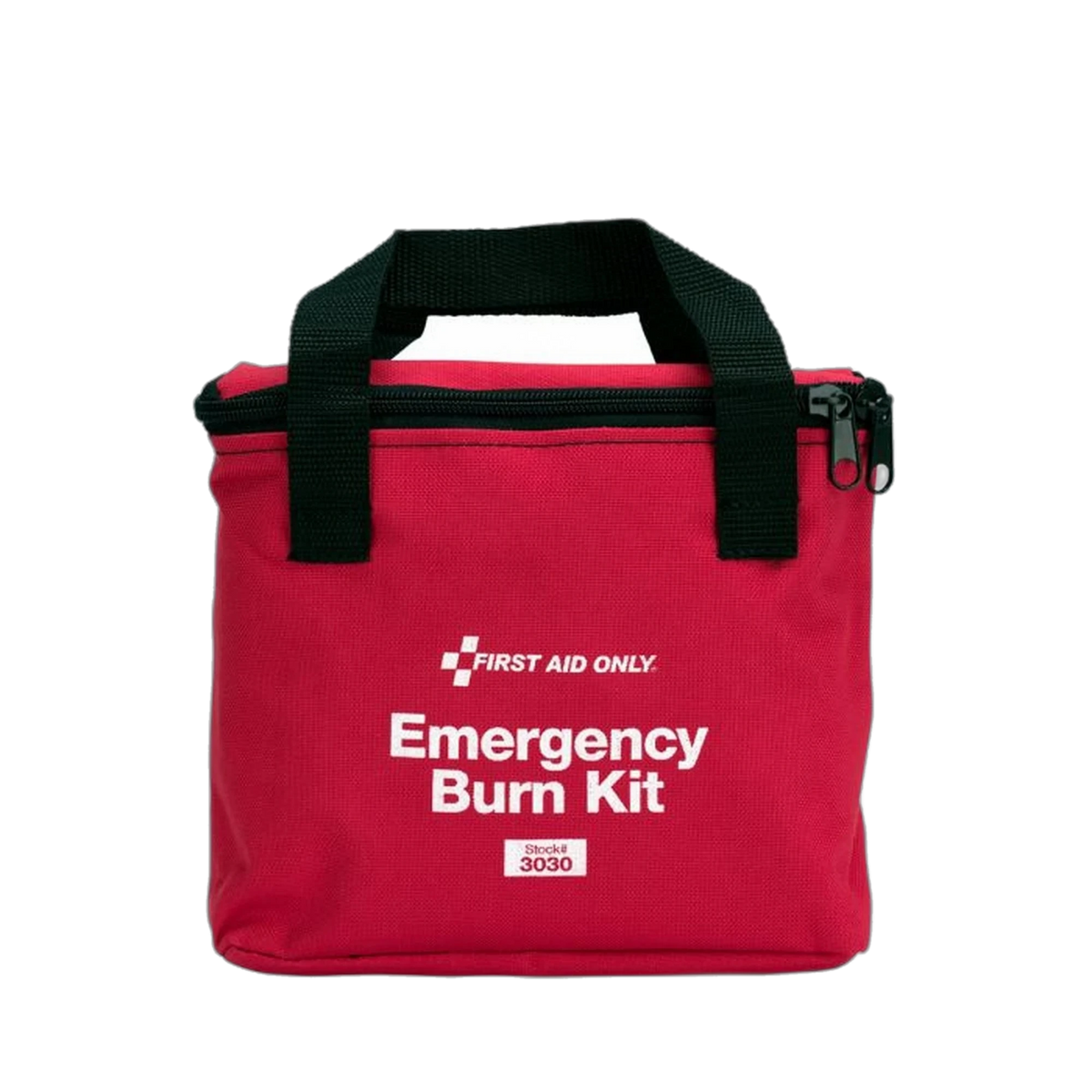 First Aid Only red nylon Emergency Burn Kit zippered bag, stock number 3030, front view with black carry handles