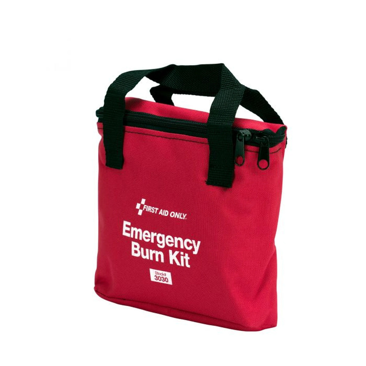 First Aid Only red nylon Emergency Burn Kit zippered bag, angled view from the opposite side showing the black handles and zipper