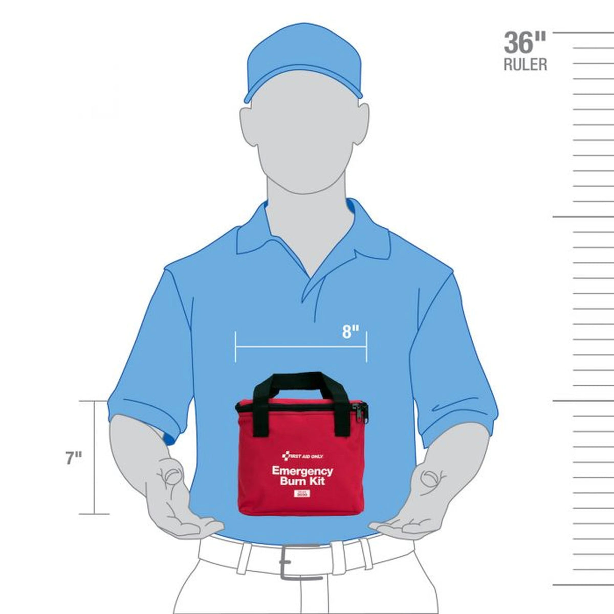 First Aid Only red nylon Emergency Burn Kit bag shown held against a torso illustration with dimension callouts of 8 inches width and 7 inches height for scale