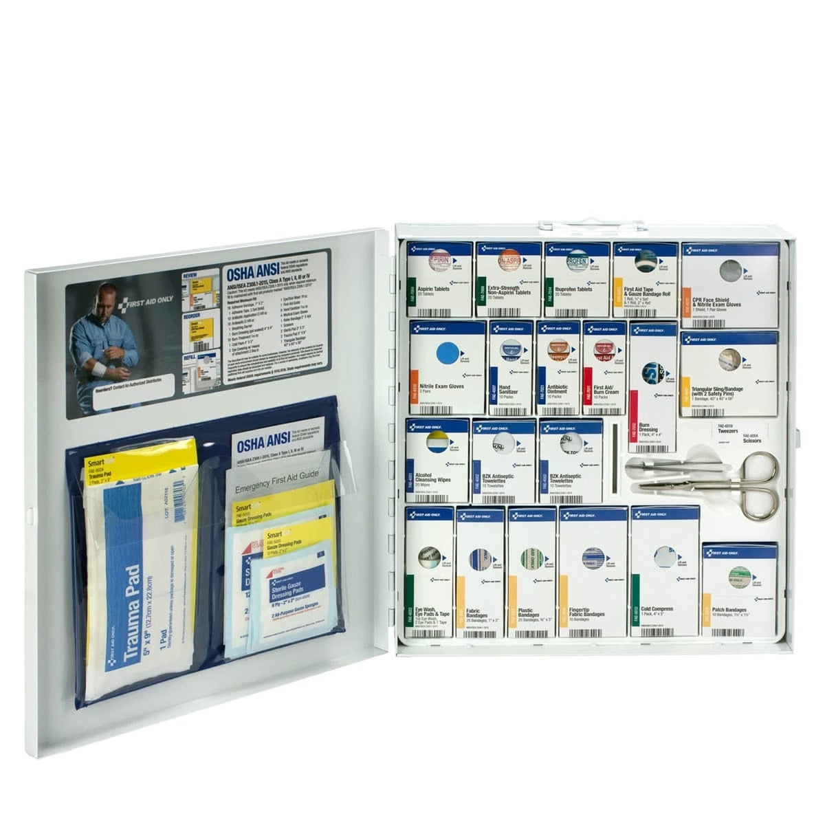 Large SmartCompliance first aid cabinet open, showing trauma pads and labeled refill compartments
