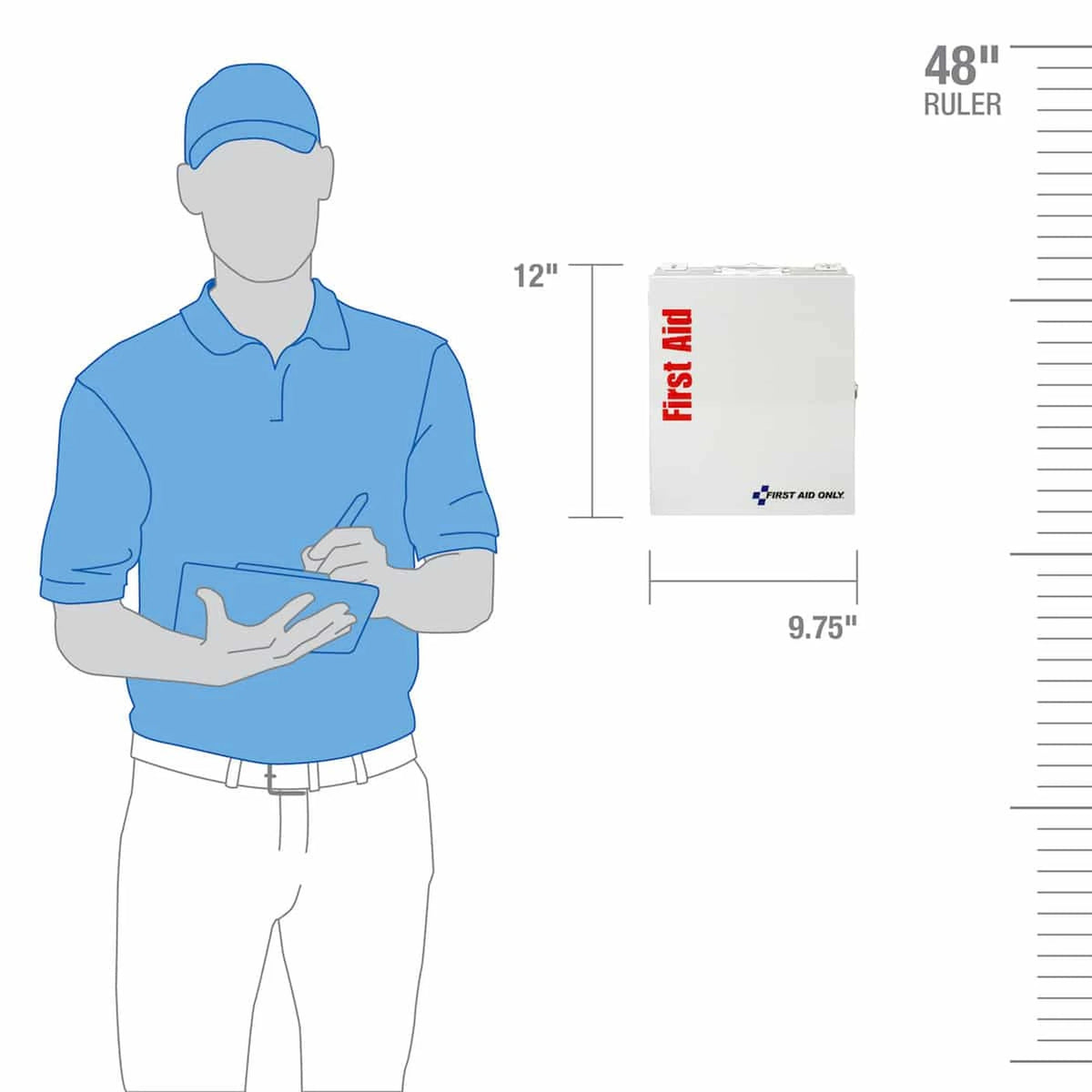 Medium first aid cabinet size guide, 12 inches tall by 9.75 inches wide, beside a person for scale