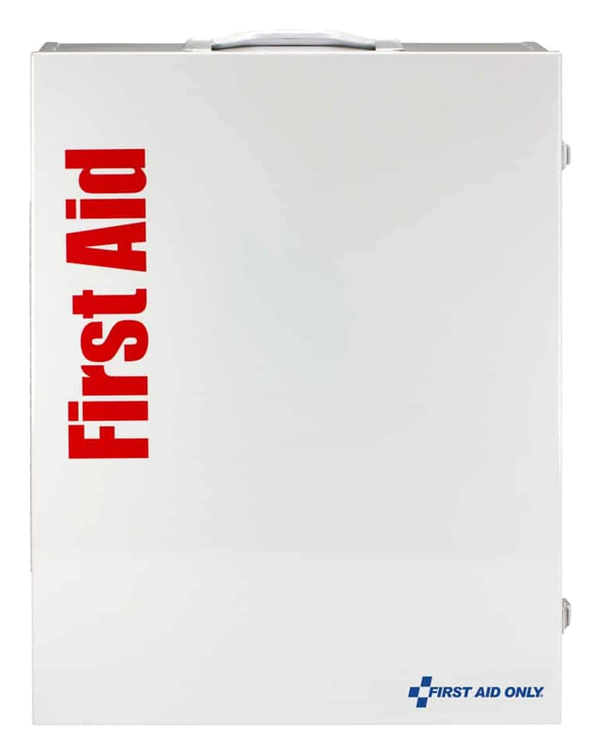 First Aid Only 150-person XL white metal first aid cabinet, closed, with red First Aid lettering