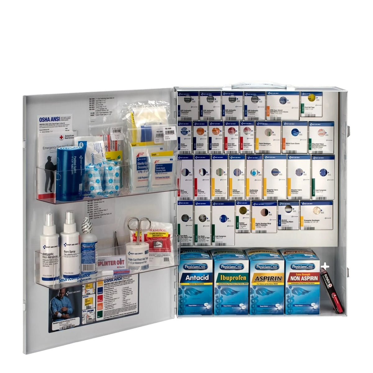 XL SmartCompliance first aid cabinet open, showing labeled refill compartments, sprays, and OTC medications