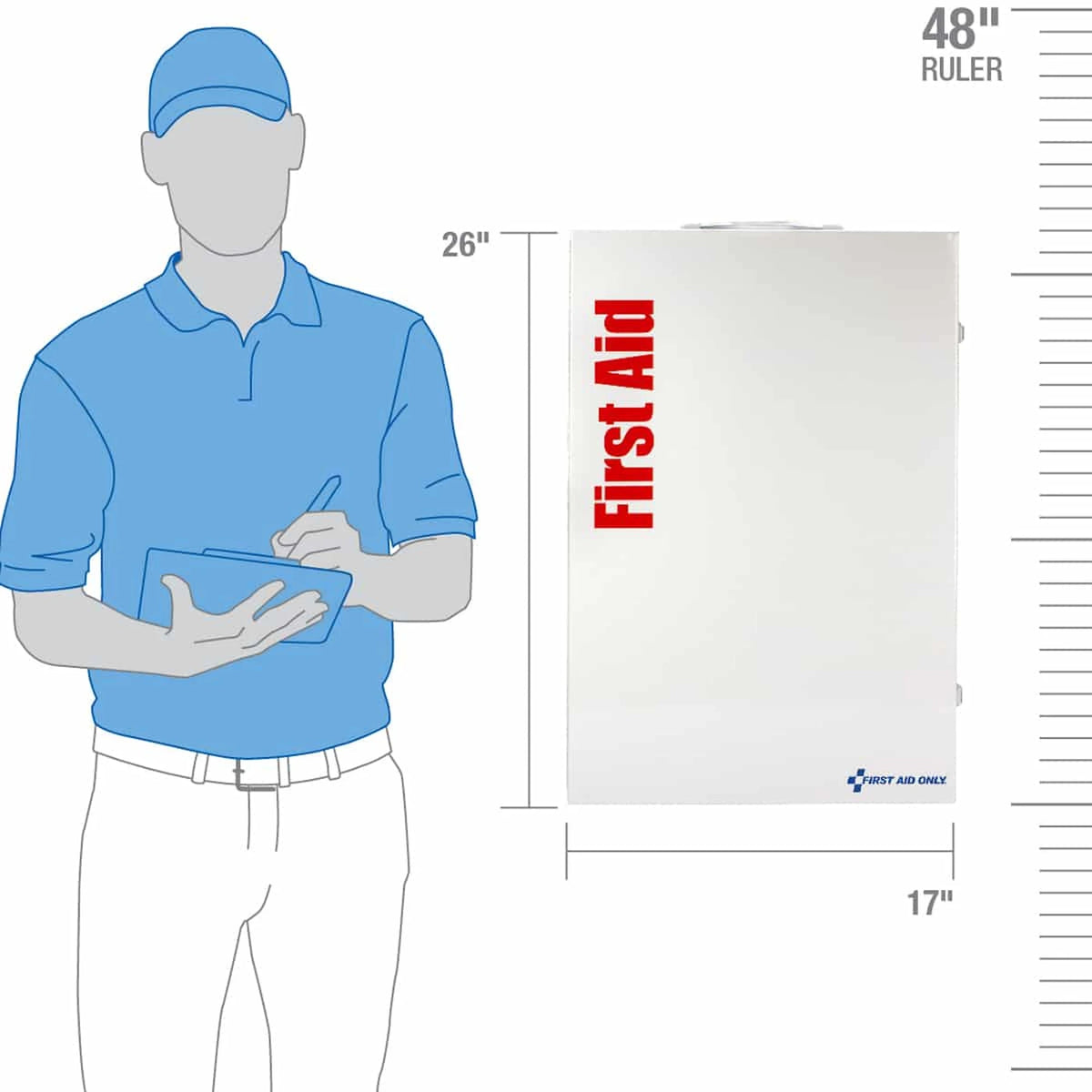 XL first aid cabinet size guide, 26 inches tall by 17 inches wide, beside a person for scale
