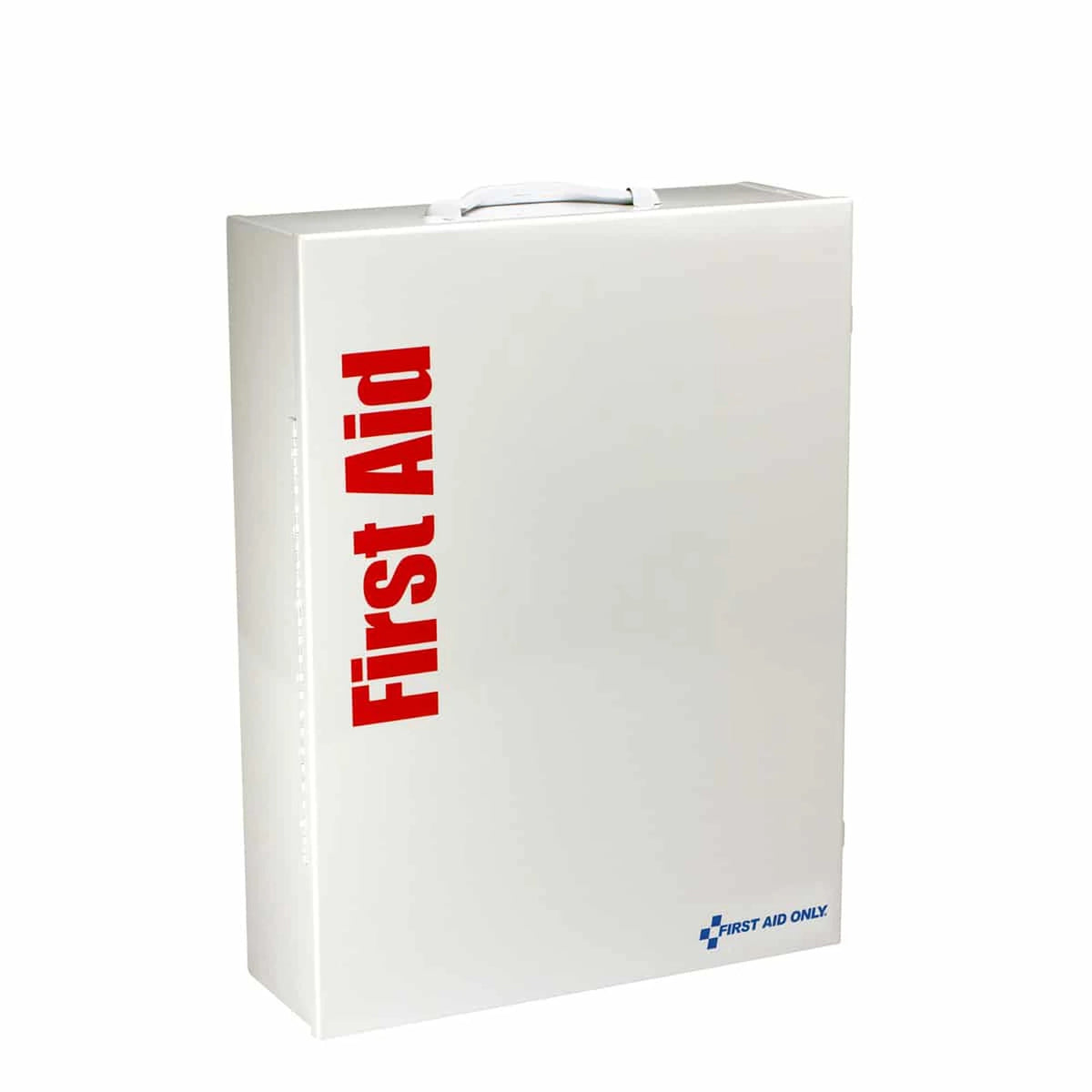 XL metal first aid cabinet at an angle with top carry handle and red First Aid lettering