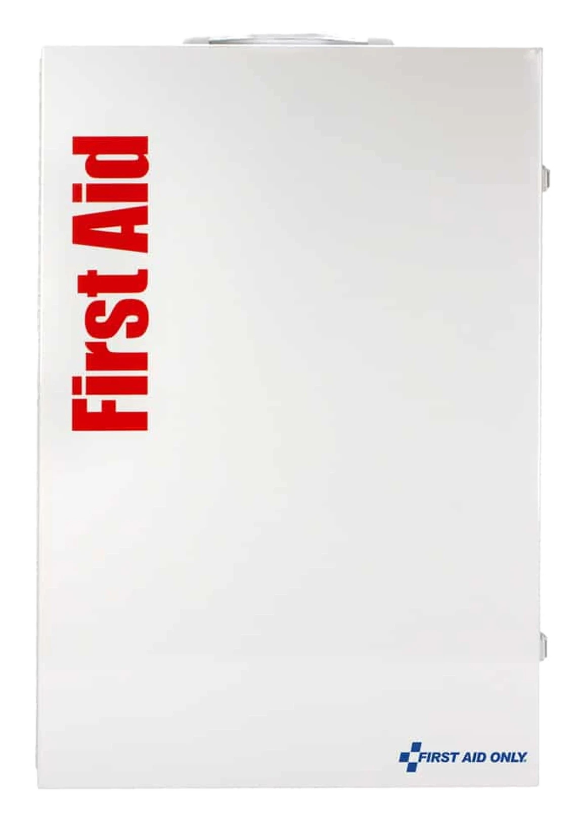 First Aid Only 200-person XXL white metal first aid cabinet, closed, with red First Aid lettering