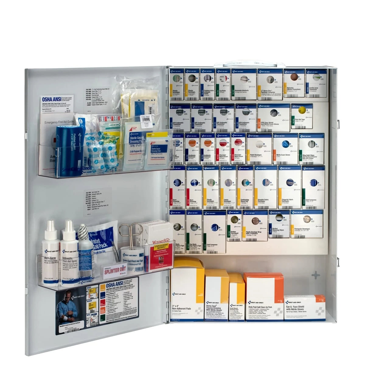XXL first aid cabinet open, showing refill compartments, sprays, and medication boxes on two shelves