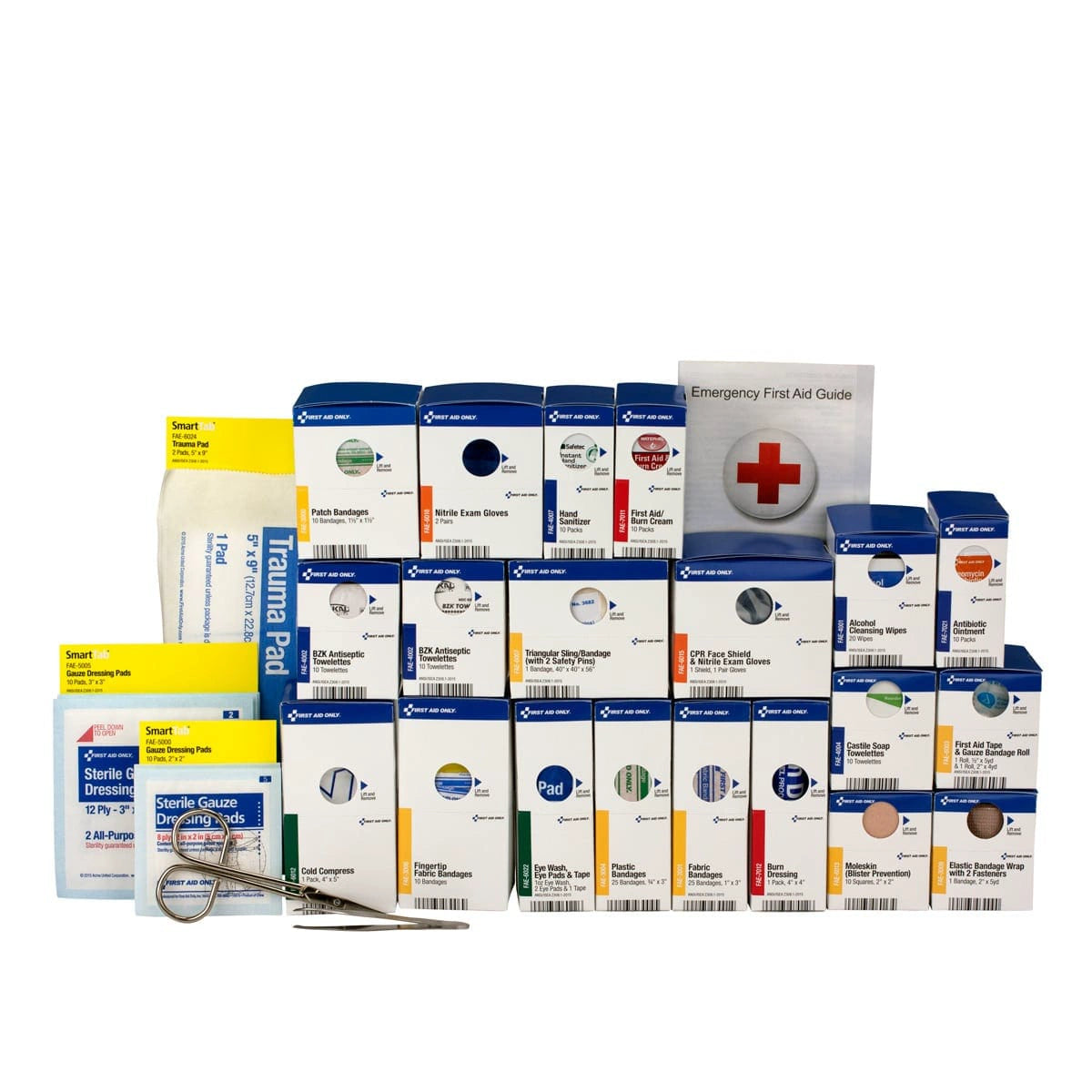 Assorted First Aid Only first aid kit contents including bandages, gauze, and an emergency guide